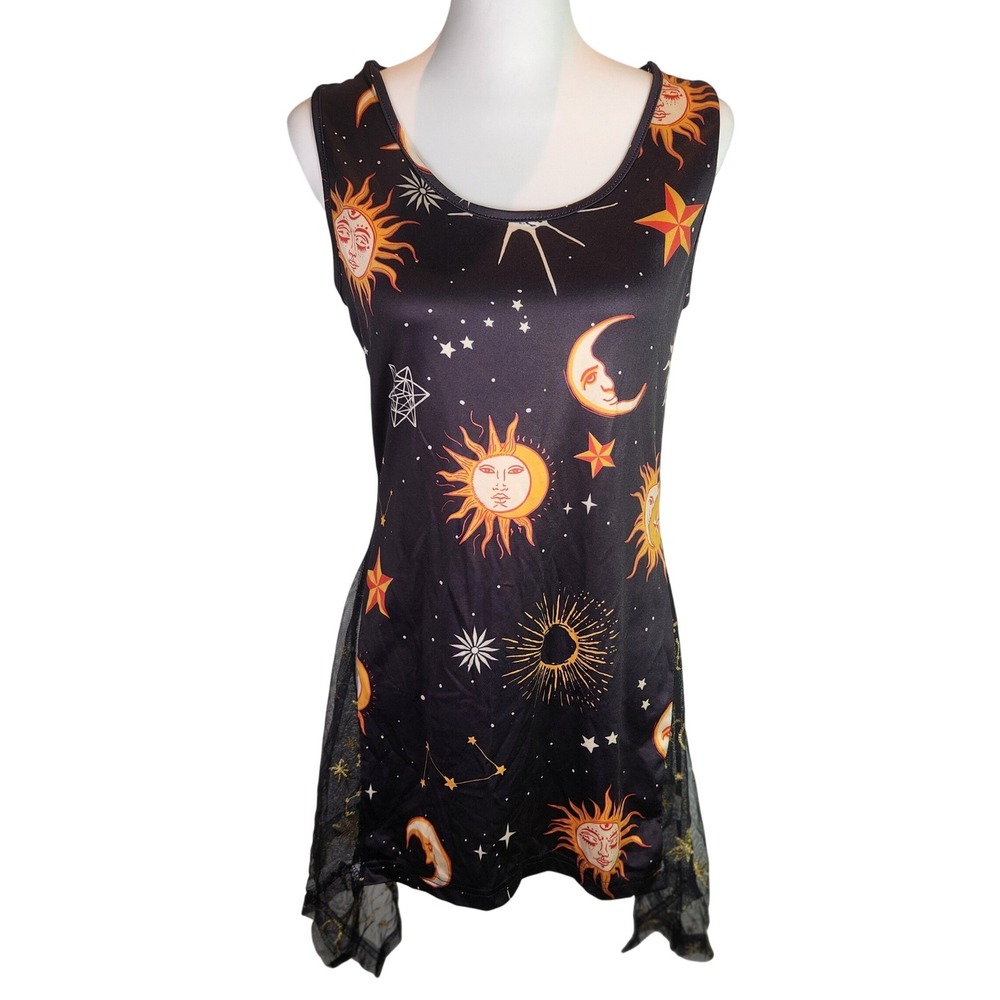 Dressfo Celestial Sun Moon Star Mini Dress Sheer Mesh Sides Cage Back‎ Black M